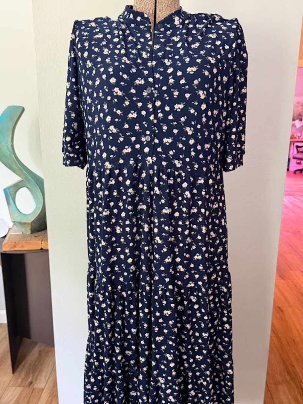 Max Studio Navy Floral Tiered Midi Dress Size XL - Picture 2 of 8
